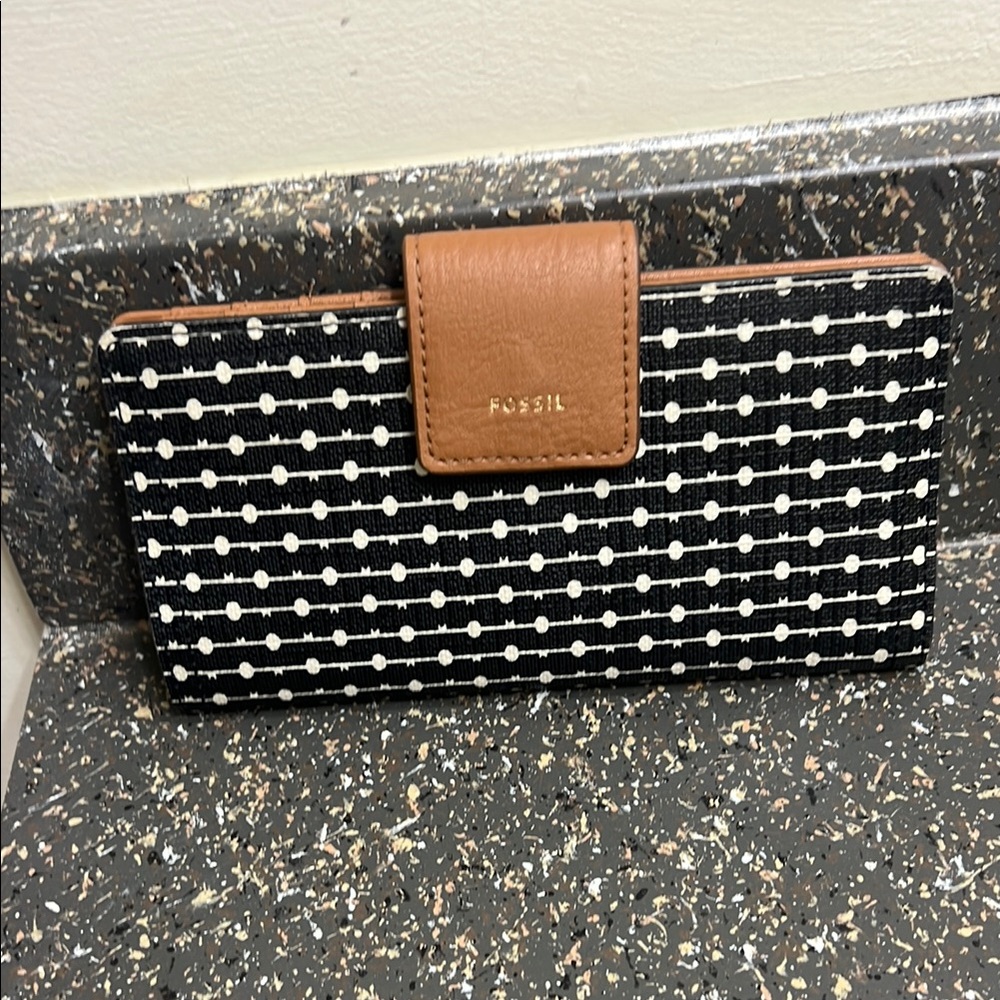 Fossil Black and White Key Pattern Wallet with Brown Accent